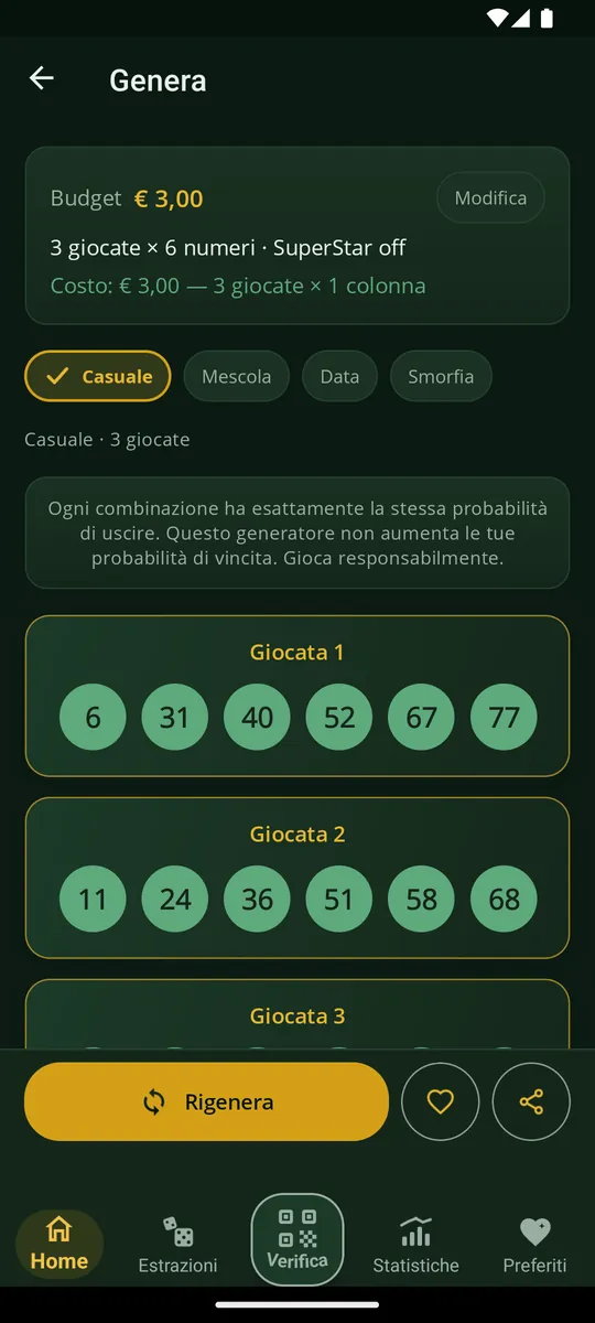 Il generatore: budget, strategie Casuale, Mescola, Data e Smorfia, disclaimer e tre combinazioni